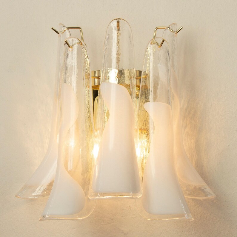 Murano Glass Sconce - Five Clear and White Petali Mid-Century Italian wall light image 6