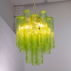 Suspension chandelier Made in Italy Murano glass cylinders decorated bright green color Ø40 cm, vintage style design chandelier