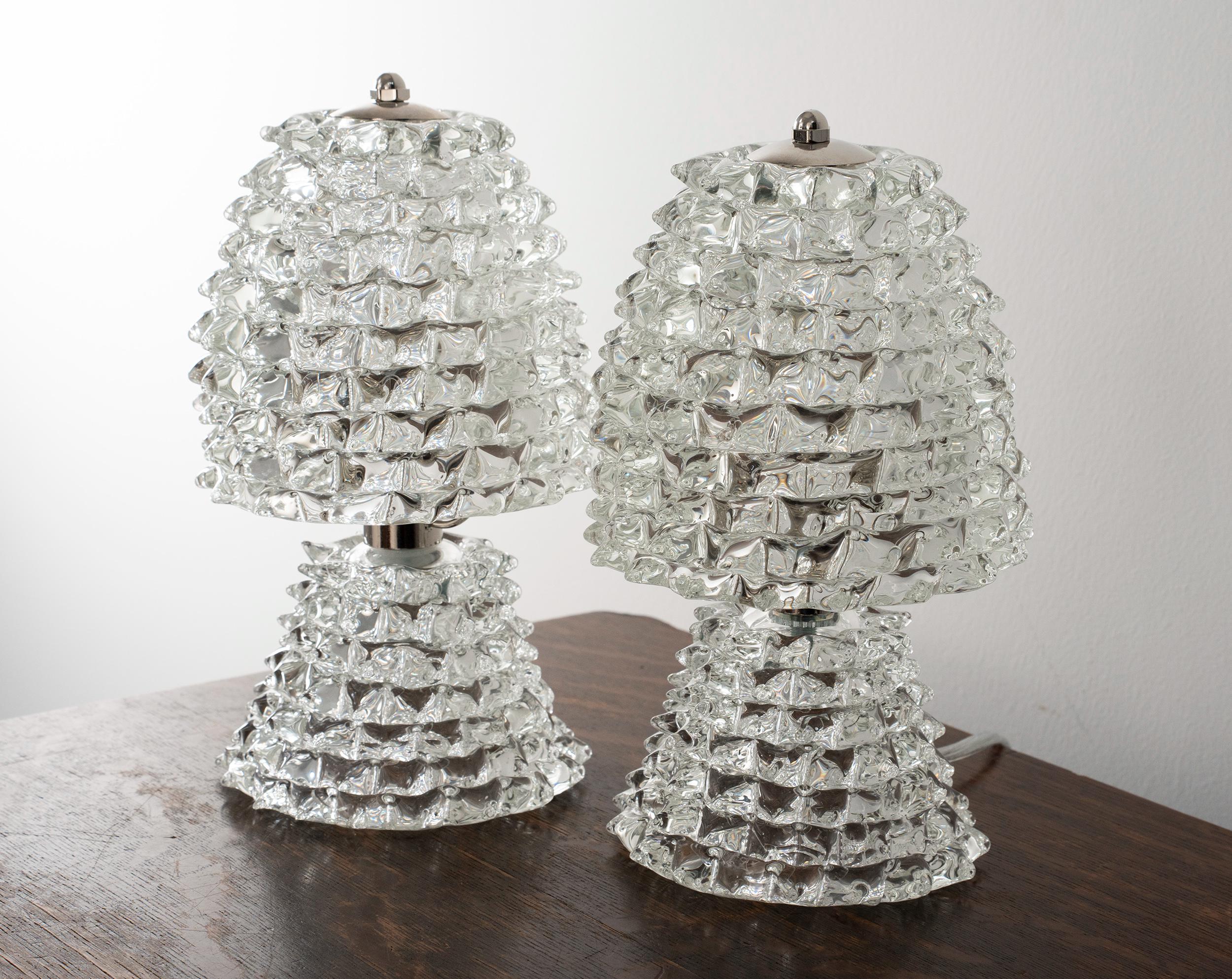 Set of 2 Rostrato Murano glass table lamp pure clear color, handmade vintage Barovier style lamp Made in Italy