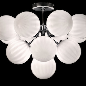 Large ceiling lamp chandelier with white Murano blown glass balls spheres, handmade Made in Italy lighting design