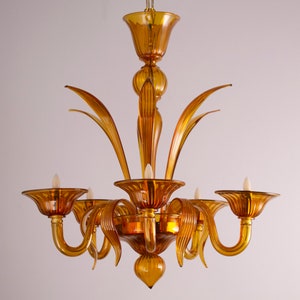 Handmade Murano glass chandelier amber color with artistic decorations, 5 lights, handmade Made in Italy