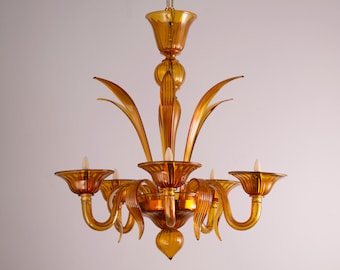 Handmade Murano glass chandelier amber color with artistic decorations, 5 lights, handmade Made in Italy