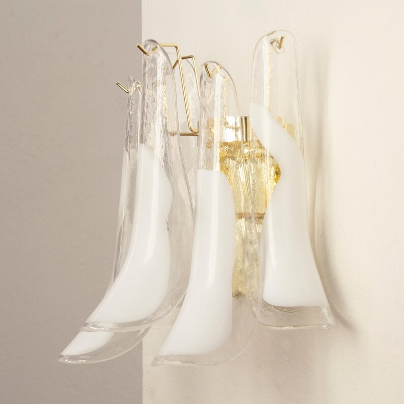 Murano Glass Sconce - Five Clear and White Petali Mid-Century Italian wall light image 9