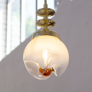 White shaded vintage Murano glass sphere pendant with amber decoration diameter 15 cm, space age italian design suspension lamp