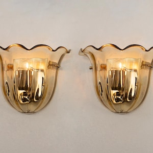 Set of 2 Murano glass wall lamps, amber glass color, pair of wall sconces Made in Italy