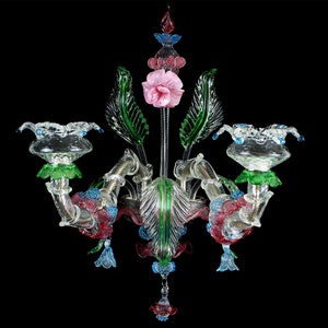 Authentic Handmade Murano glass Venetian wall sconce with pink, green and light blue details, handmade Made in Italy