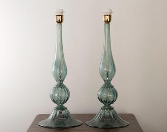 Pair of Murano glass table lamps Rialto green color, handmade Made in Italy Venetian design lighting