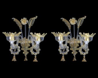 Murano Amber Glass Wall Sconces, Venetian Style (Pair, Handmade Italy)