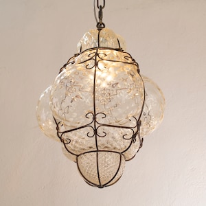 Blown Original Murano Glass Venetian lantern champagne color, Made in Italy vintage style chandelier
