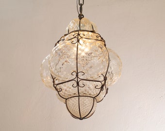Blown Original Murano Glass Venetian lantern champagne color, Made in Italy vintage style chandelier
