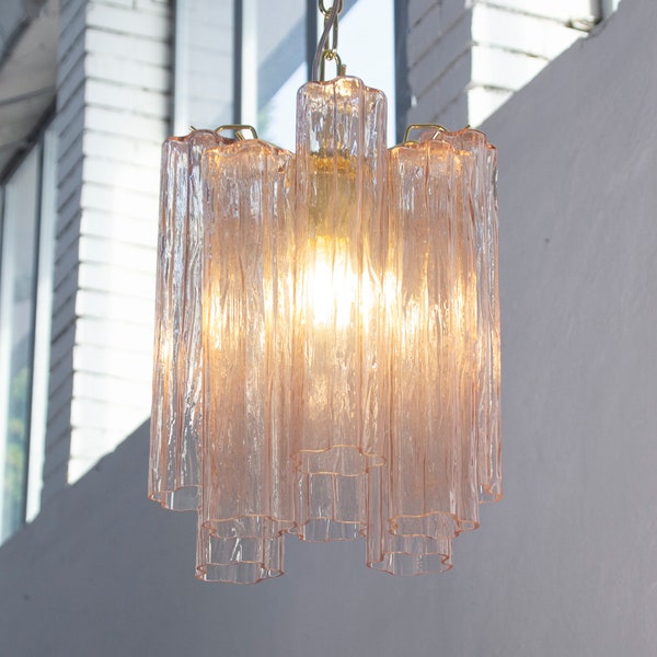 Suspension lamp Made in Italy Tronchi in pink Murano glass of vintage design, ceiling chandelier 28 cm diameter