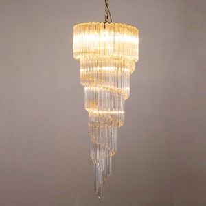 Large Italian Gold Frame and Transparent Murano Glass Pendants Chandelier, 1970s