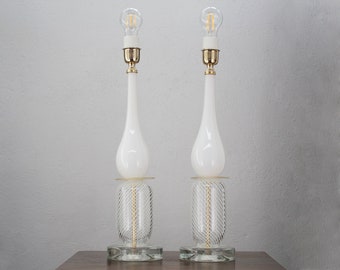 Set di 2 Lampade da tavolo in vetro di Murano bianco e cristallo, Made in Italy illuminazione design