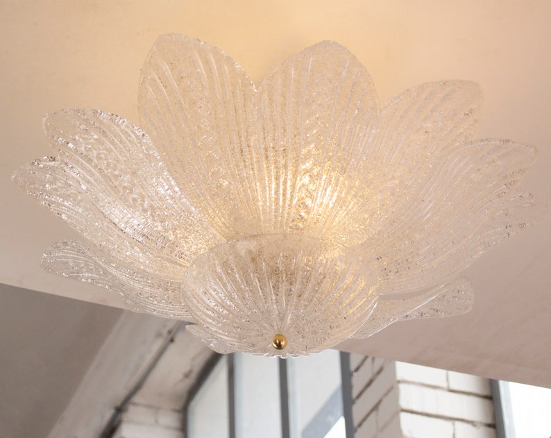 Lámpara de techo de cristal de Murano transparente, hojas hechas a mano con arena, lámpara de araña de diseño Made in Italy imagen 4