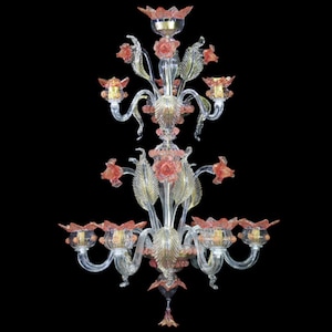 From the Factory Venetian double tier Original Murano glass blown chandelier with pink and gold leaves and flowers, handmade Made in Italy