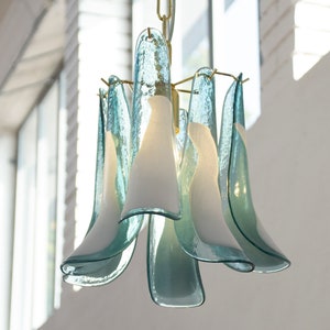 Large pendant lamps Petali Ø32 cm Made in Italy Murano teal blue glass, vintage style chandelier lighting