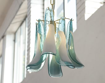 Large pendant lamps Petali Ø32 cm Made in Italy Murano teal blue glass, vintage style chandelier lighting