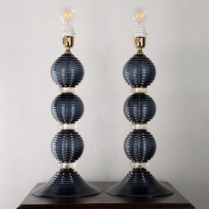 Pair of Murano glass table lamp Dark Blue color and gold details, handmade Made in Italy Venetian design lighting