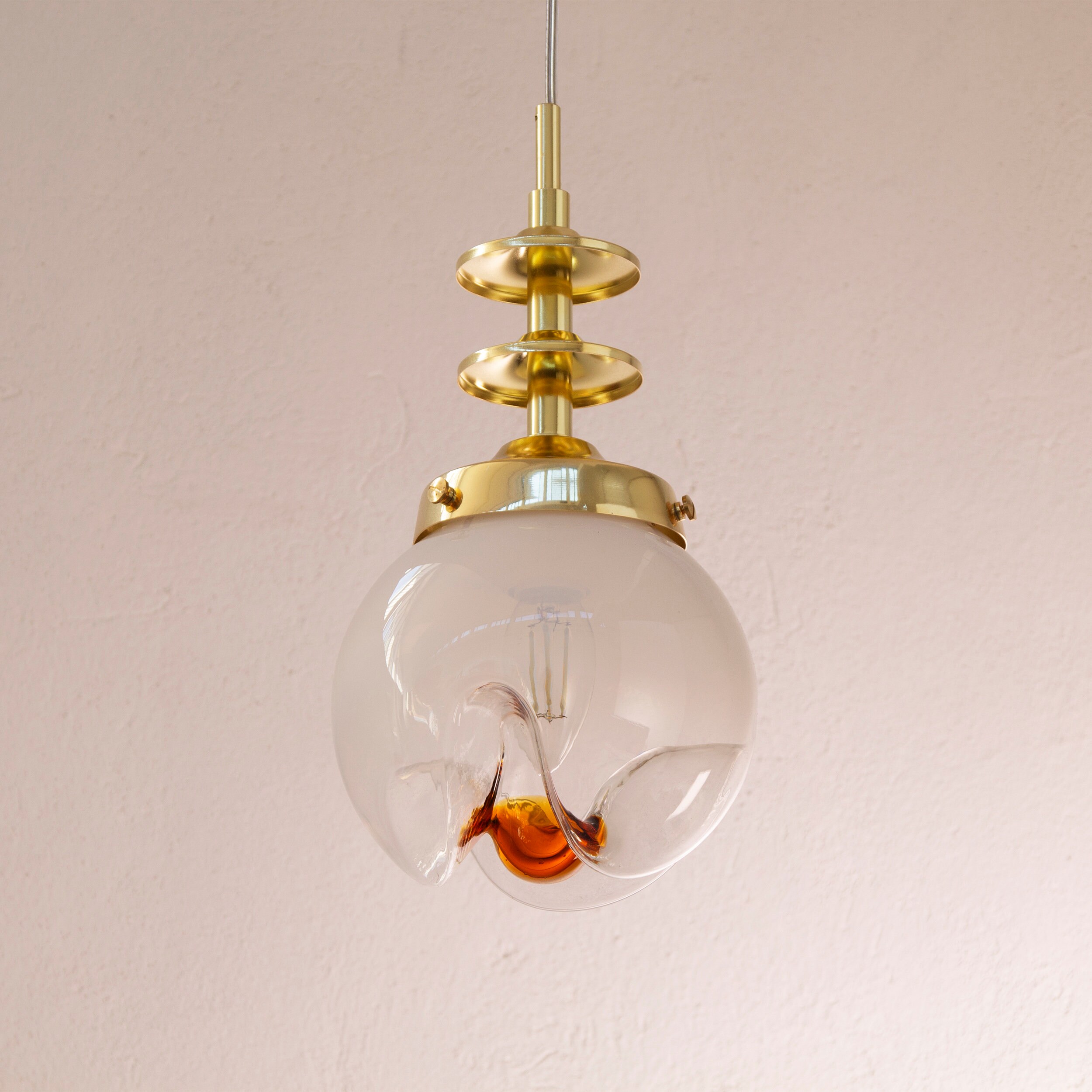 Lustre Suspension 5 Feux Space Age Italien 70 - Bois Et Globes Verre De Murano Par Dlg Mazzega