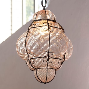 Lantern Lamp Murano Glass – Pink Hand-blown Italy – Decorative Pendant Light