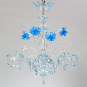 Handmade crystal color chandelier with decorations and aquamarine flowers in Murano glass height 60cm, 3 lights, handmade Made in Italy