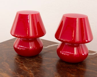Set of 2 red Murano glass mushroom lamp height 18cm, Made in Italy design table lamp