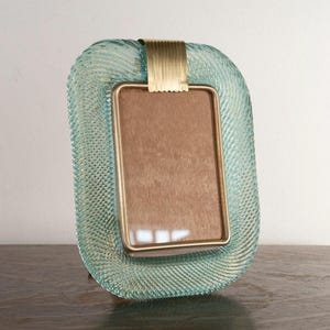 Twisted glass photo frame aquamarine gold Murano brass details, handmade in Venice, Italy