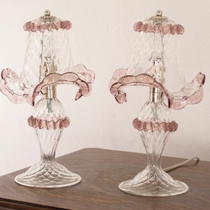 Set of 2 Original Murano glass table lamp with artistic burgundy amethyst decoration, handmade Made in Italy
