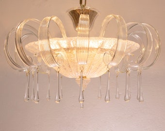 Handmade Murano Glass Chandelier, 16 Crystal Clear Leaves, Italian Design