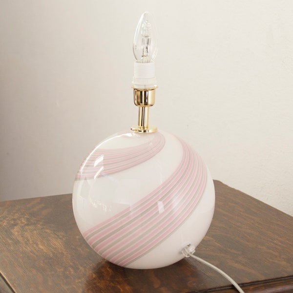 White color Murano glass table lamp with pink and gray filigree decoration, vintage handmade Made in Italy