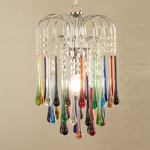 Murano Glass Chandelier: Multicolor Drops, Silver Frame