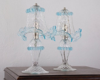 Glas-Tischleuchte, 2er-Set, klassische Murano-Akzentleuchte, klar & aquamarin