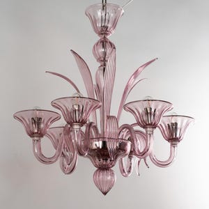 Handmade Murano glass chandelier amethyst color with artistic decorations, 6 lights, handmade Made in Italy