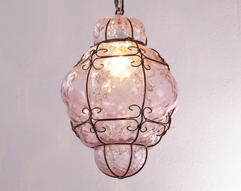 Lantaarnlamp van muranoglas – handgeblazen amethist Italië – Decoratieve hanglamp