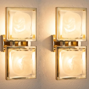 Murano Glass Wall Sconces, Clear & White Brick (Italian Brass Frame, Set of 2)