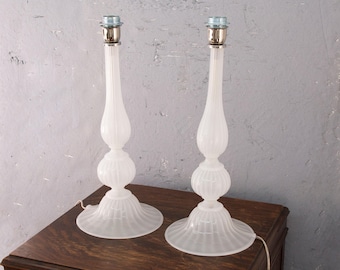Murano Blown Glass Table Lamps, White Silk Finish, Handmade in Venice, Set of 2