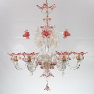 From the Factory Venetian blown Murano glass chandelier with pink and gold decorations and flowers, handmade Made in Italy
