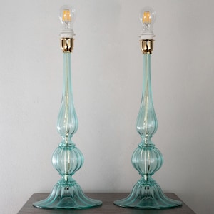 Pair of Murano glass table lamps Aquamarine color, handmade Made in Italy Venetian design lighting