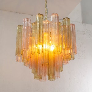 Suspension lamp Made in Italy Tronchi in smoked and pink Murano glass of vintage design, ceiling chandelier 58 cm diameter