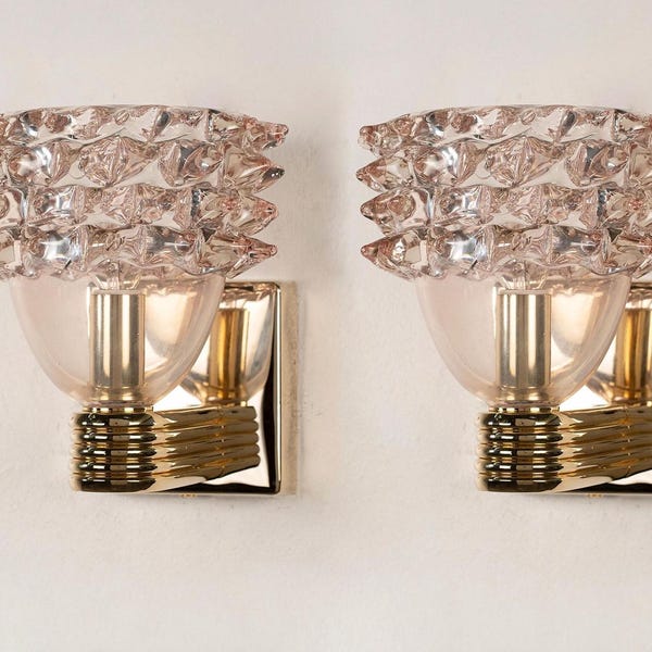 Murano Glass Wall Lights, Pink Rostrato Texture Set of 2 Vintage Style