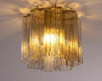 Piccola plafoniera in vetro di Murano fumé Tronchi, lampadario da soffitto diametro 25 cm design stile vintage Made in Italy
