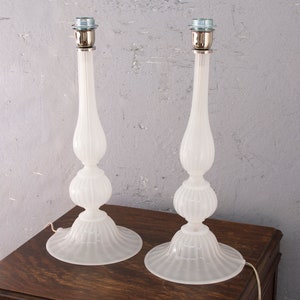 Set of 2 big Table Lamps with Murano blown glass spheres white silk color, handmade Made in Venice Italy lighting design