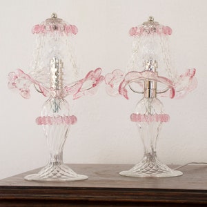 Set of 2 Original Murano glass table lamp with artistic pink decoration, handmade Made in Italy