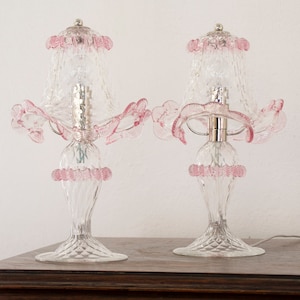 Set of 2 Original Murano glass table lamp with artistic pink decoration, handmade Made in Italy