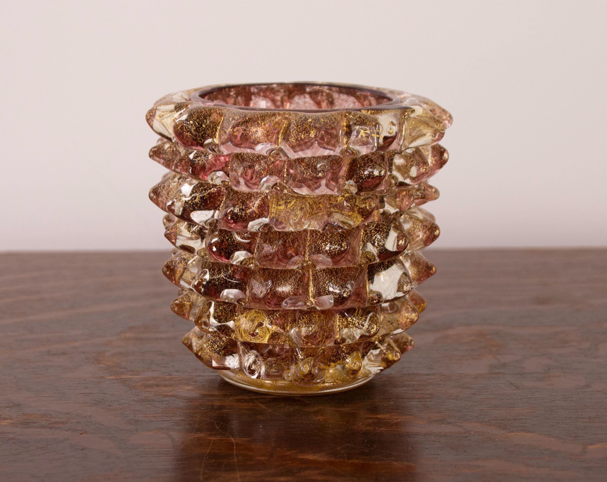 Luxury Gift Idea From Italy Small Amethyst & Gold Murano Glass Vase Rostrato, Artistic Workmanship Handmade Made in Italy Height 12 cm