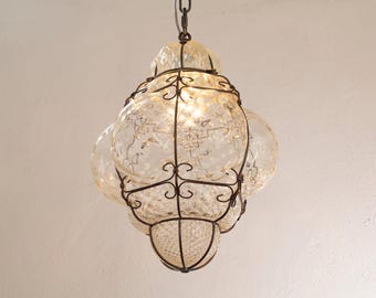 Lantern Lamp Murano Glass – Champagne Hand-blown Italy – Decorative Pendant Light