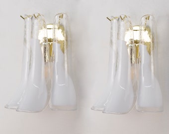 Juego de 2 apliques "Petals" con cristal de Murano con decoración blanca Made in Italy, aplique de estilo vintage con monturas