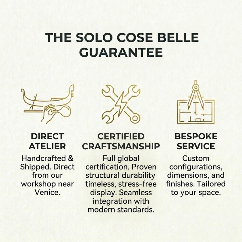 The image is a visual representation of a guarantee offered by a company called "The Solo Cose Belle". It features three different types of guarantee services: Direct Atelier, Certified Craftsmanship, and bespoke Service, each represented by a stylized icon.