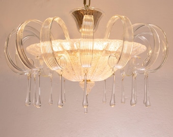 Handmade Murano Glass Chandelier, 16 Crystal Clear Leaves, Italian Design