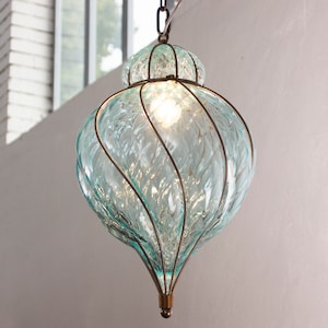 Venetian lantern lamp in Murano glass blown blue color, Made in Italy vintage style chandelier